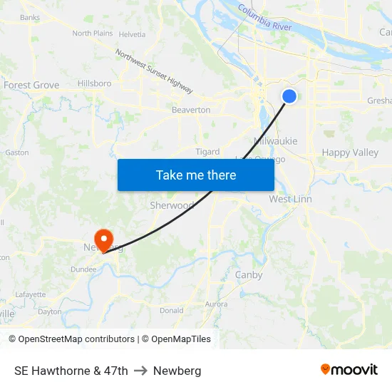 SE Hawthorne & 47th to Newberg map