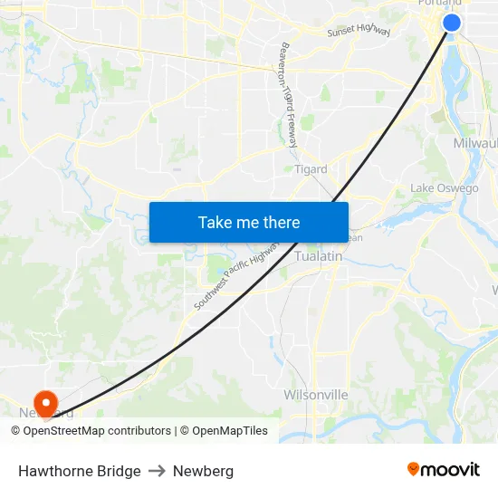 Hawthorne Bridge to Newberg map