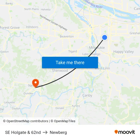SE Holgate & 62nd to Newberg map