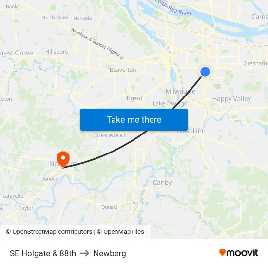 SE Holgate & 88th to Newberg map
