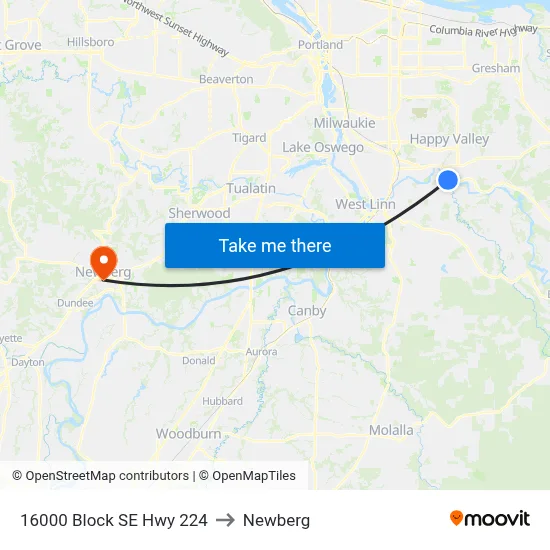 16000 Block SE Hwy 224 to Newberg map
