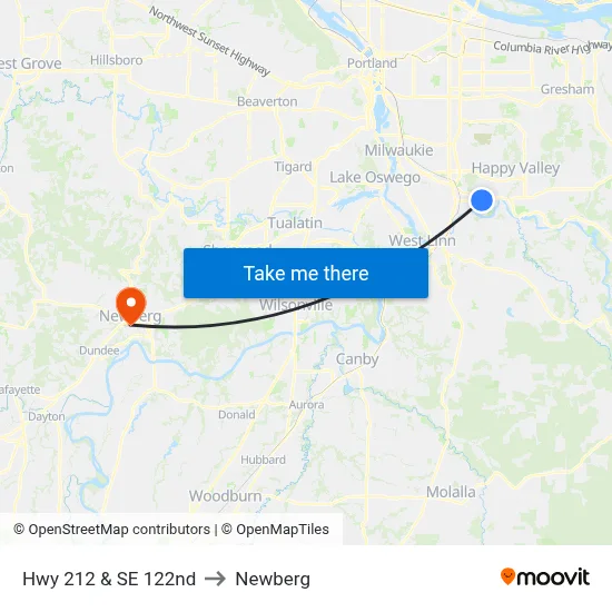 Hwy 212 & SE 122nd to Newberg map