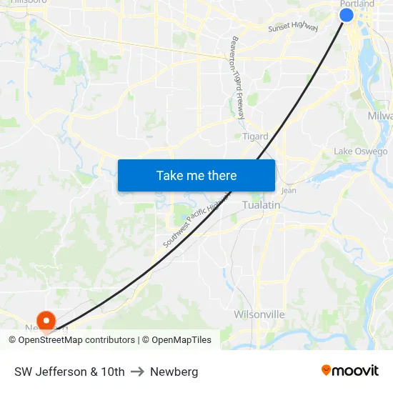 SW Jefferson & 10th to Newberg map