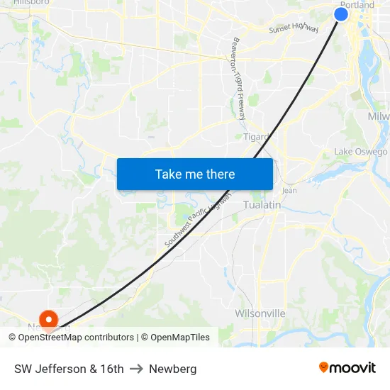 SW Jefferson & 16th to Newberg map