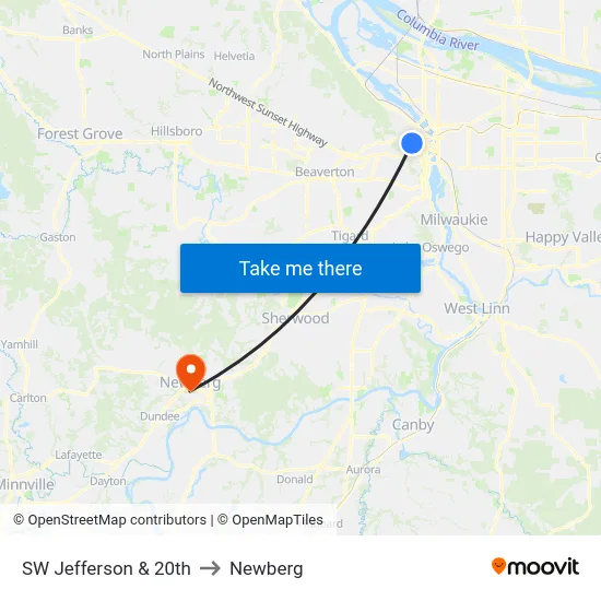 SW Jefferson & 20th to Newberg map