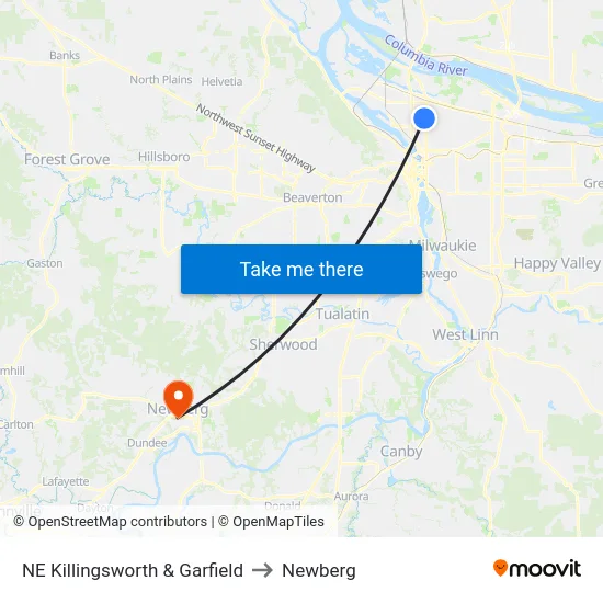 NE Killingsworth & Garfield to Newberg map