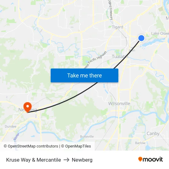 Kruse Way & Mercantile to Newberg map