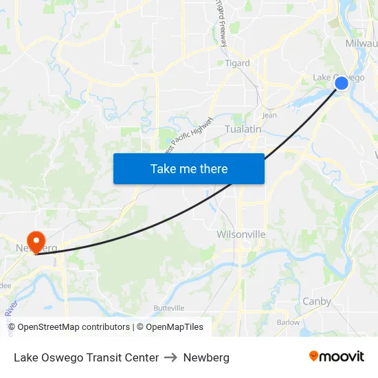 Lake Oswego Transit Center to Newberg map