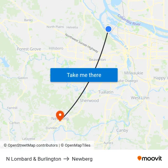 N Lombard & Burlington to Newberg map