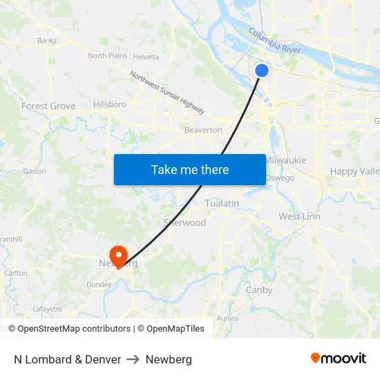 N Lombard & Denver to Newberg map