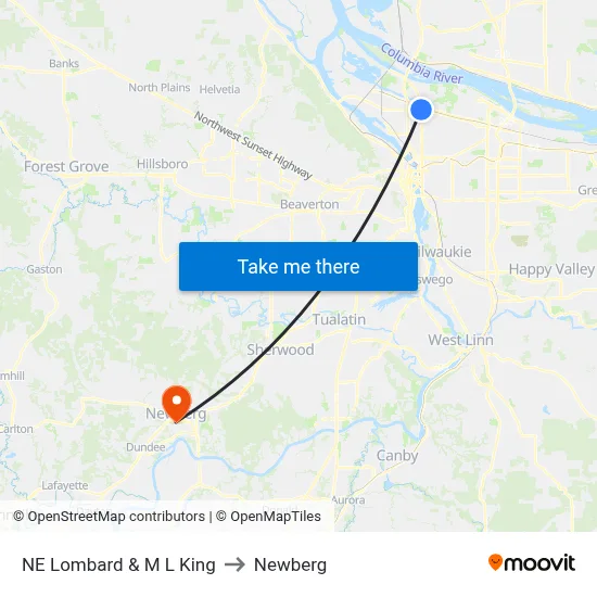 NE Lombard & M L King to Newberg map
