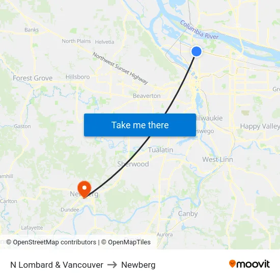 N Lombard & Vancouver to Newberg map