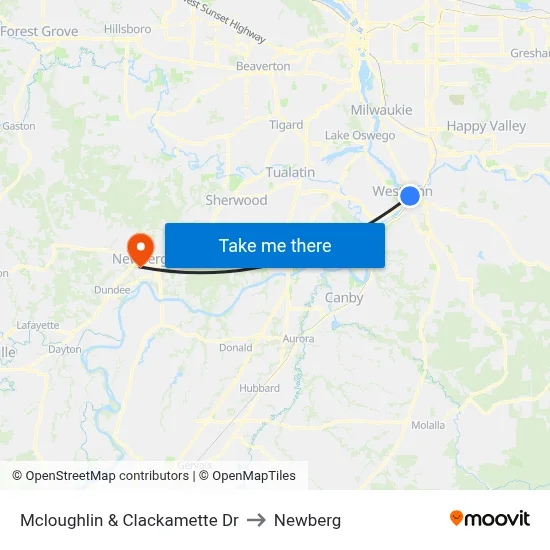 Mcloughlin & Clackamette Dr to Newberg map