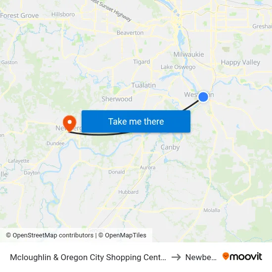 Mcloughlin & Oregon City Shopping Center to Newberg map