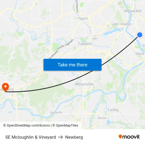 SE Mcloughlin & Vineyard to Newberg map