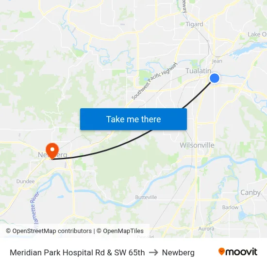 Meridian Park Hospital Rd & SW 65th to Newberg map
