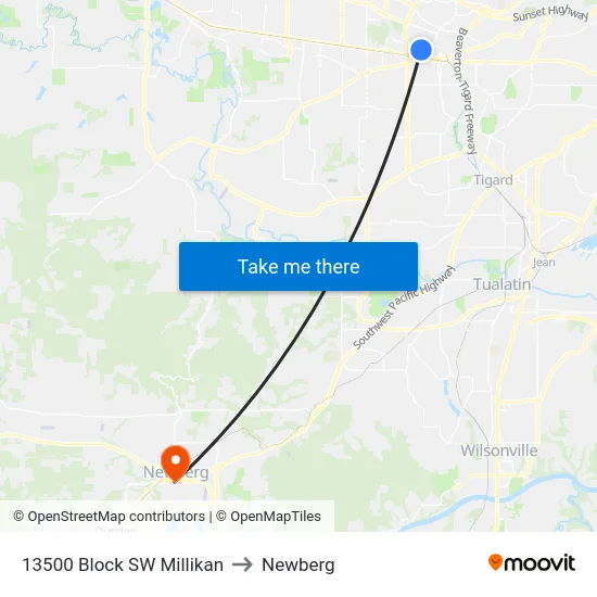 13500 Block SW Millikan to Newberg map