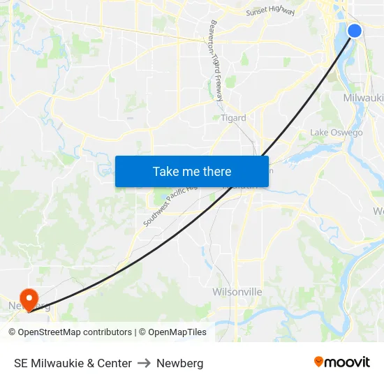 SE Milwaukie & Center to Newberg map