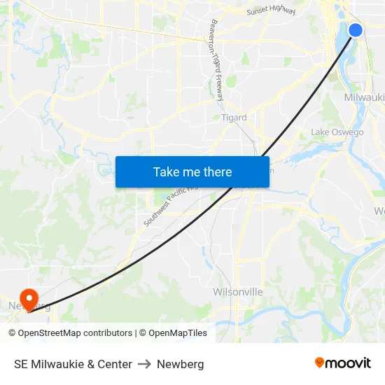 SE Milwaukie & Center to Newberg map