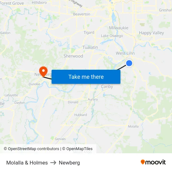Molalla & Holmes to Newberg map