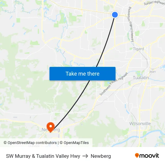 SW Murray & Tualatin Valley Hwy to Newberg map