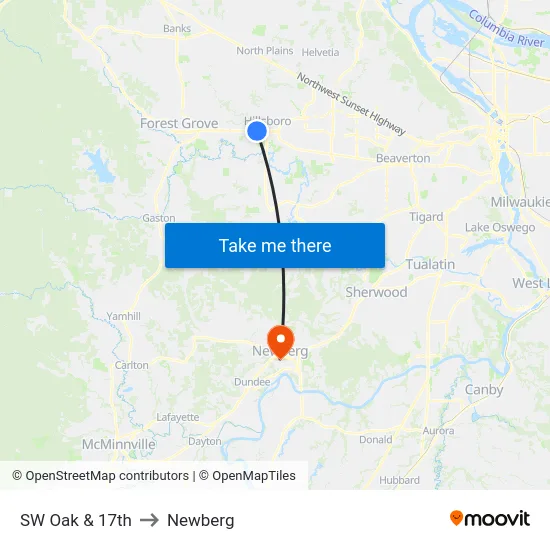 SW Oak & 17th to Newberg map