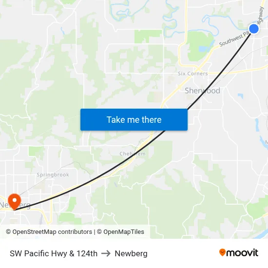 SW Pacific Hwy & 124th to Newberg map