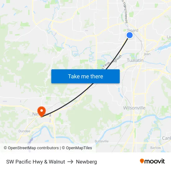 SW Pacific Hwy & Walnut to Newberg map