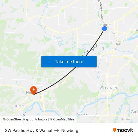 SW Pacific Hwy & Walnut to Newberg map