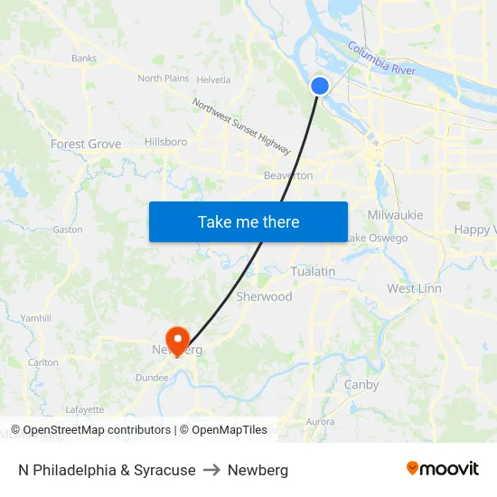 N Philadelphia & Syracuse to Newberg map