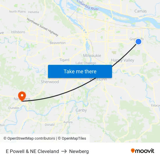 E Powell & NE Cleveland to Newberg map