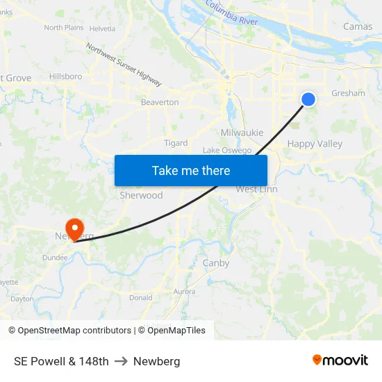 SE Powell & 148th to Newberg map