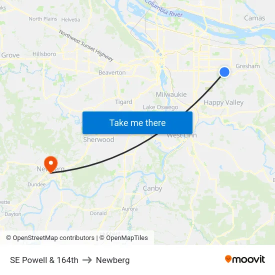 SE Powell & 164th to Newberg map