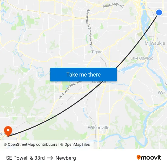SE Powell & 33rd to Newberg map