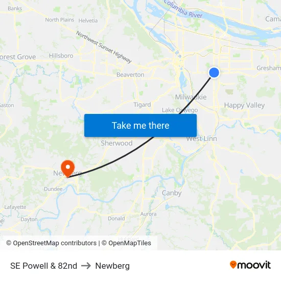 SE Powell & 82nd to Newberg map
