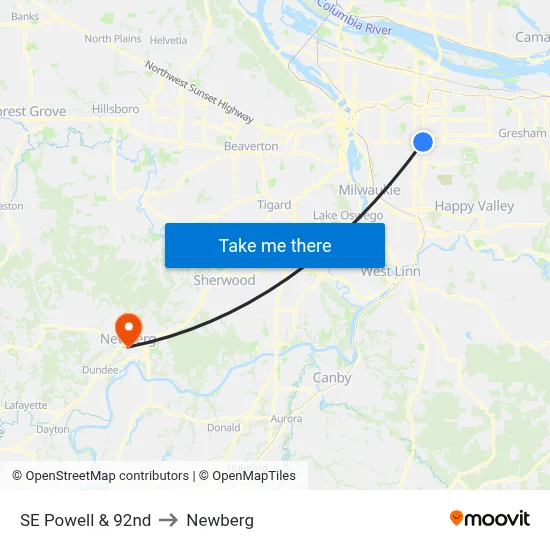 SE Powell & 92nd to Newberg map