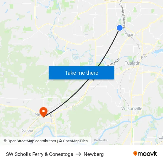 SW Scholls Ferry & Conestoga to Newberg map
