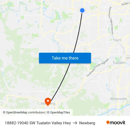 18882-19040 SW Tualatin Valley Hwy to Newberg map