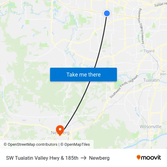 SW Tualatin Valley Hwy & 185th to Newberg map