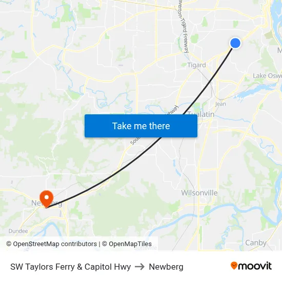 SW Taylors Ferry & Capitol Hwy to Newberg map