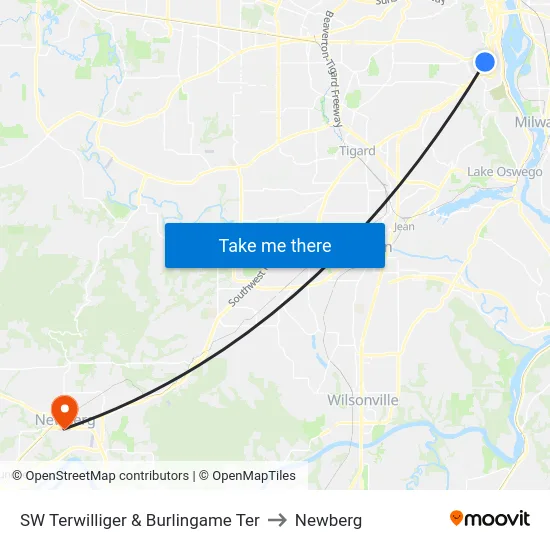 SW Terwilliger & Burlingame Ter to Newberg map
