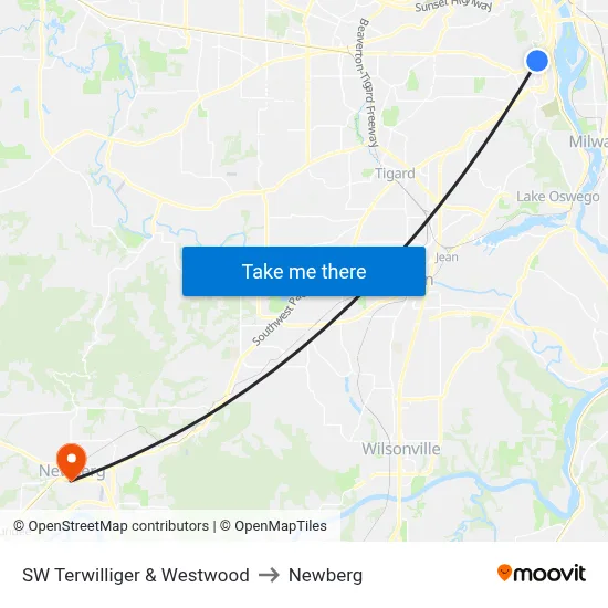 SW Terwilliger & Westwood to Newberg map