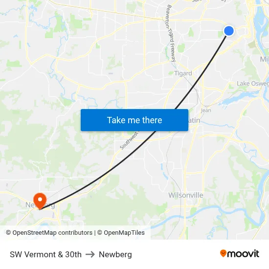 SW Vermont & 30th to Newberg map