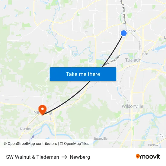 SW Walnut & Tiedeman to Newberg map