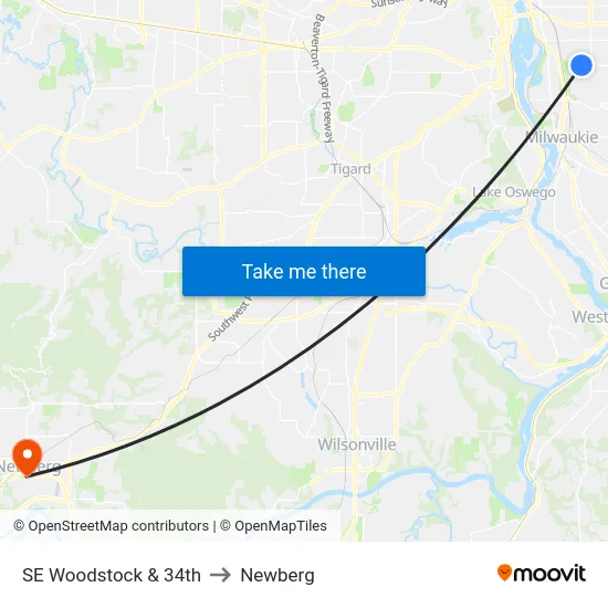 SE Woodstock & 34th to Newberg map