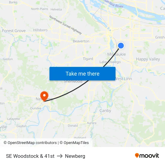 SE Woodstock & 41st to Newberg map