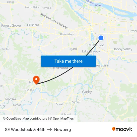 SE Woodstock & 46th to Newberg map