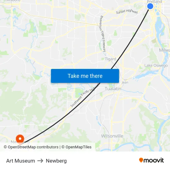 Art Museum to Newberg map