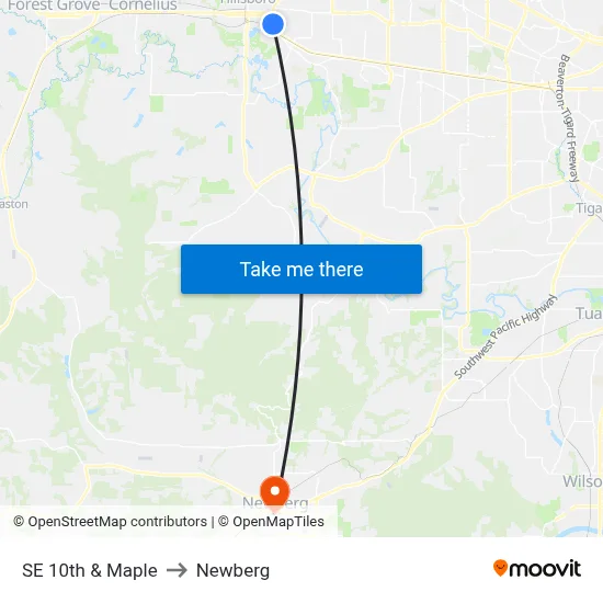 SE 10th & Maple to Newberg map