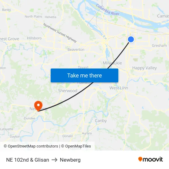 NE 102nd & Glisan to Newberg map